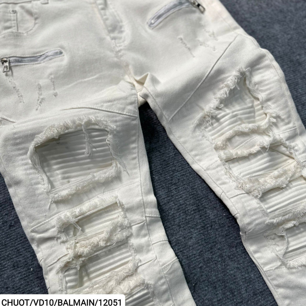 Quần BALMAIN Trắng Nhăn Đùi phối thêu khoá zip đùi Quần bò trắng vá da phong cách hàng Super