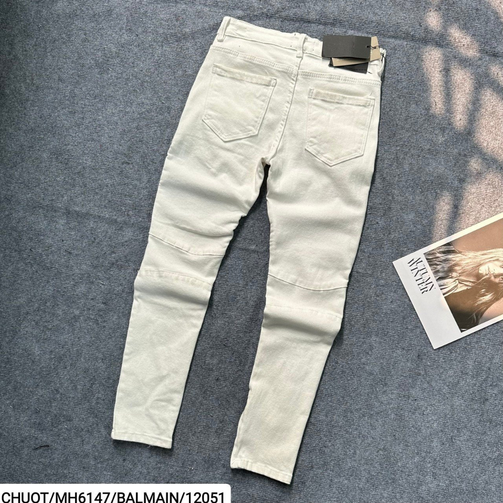 Quần BALMAIN Trắng Nhăn Đùi phối thêu khoá zip đùi Quần bò trắng vá da phong cách hàng Super