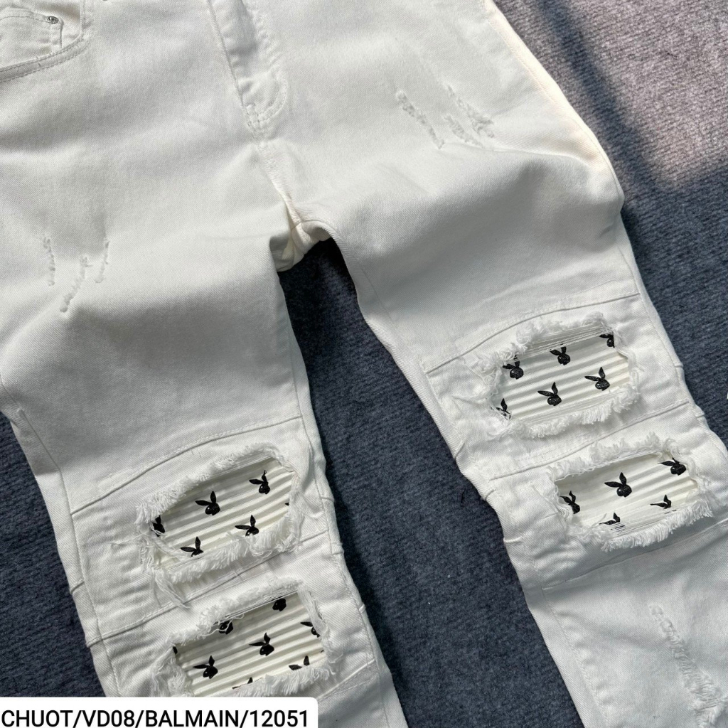 Quần BALMAIN Trắng Nhăn Đùi phối thêu khoá zip đùi Quần bò trắng vá da phong cách hàng Super