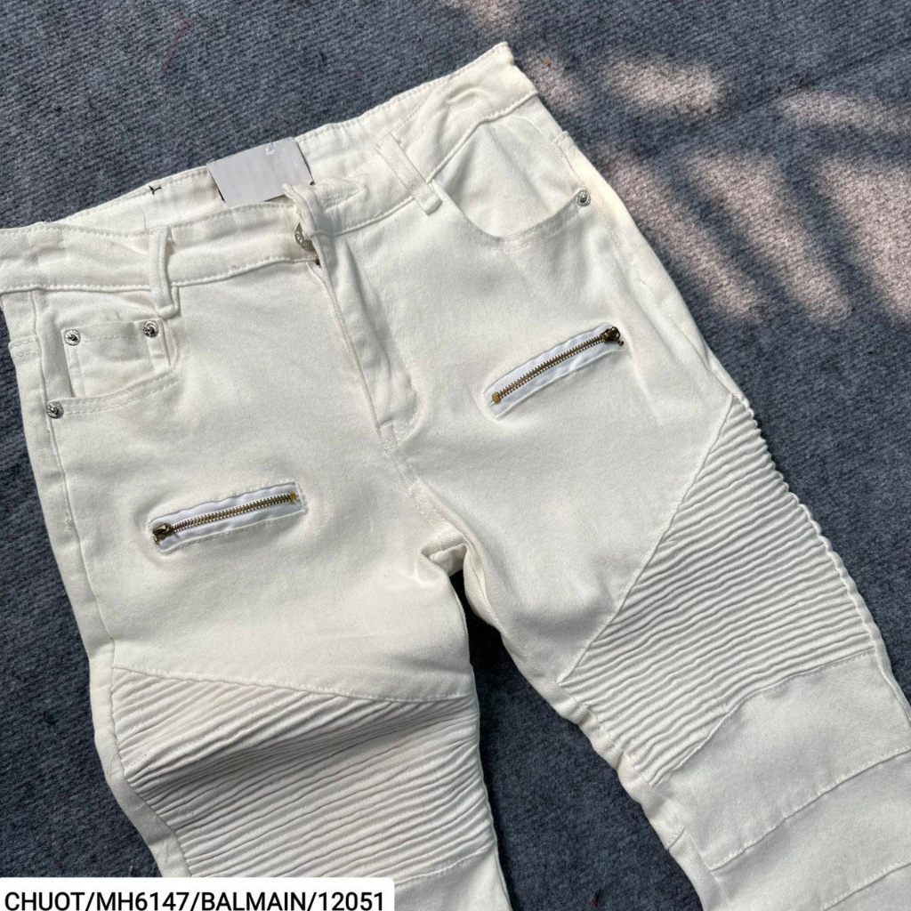 Quần BALMAIN Trắng Nhăn Đùi phối thêu khoá zip đùi Quần bò trắng vá da phong cách hàng Super