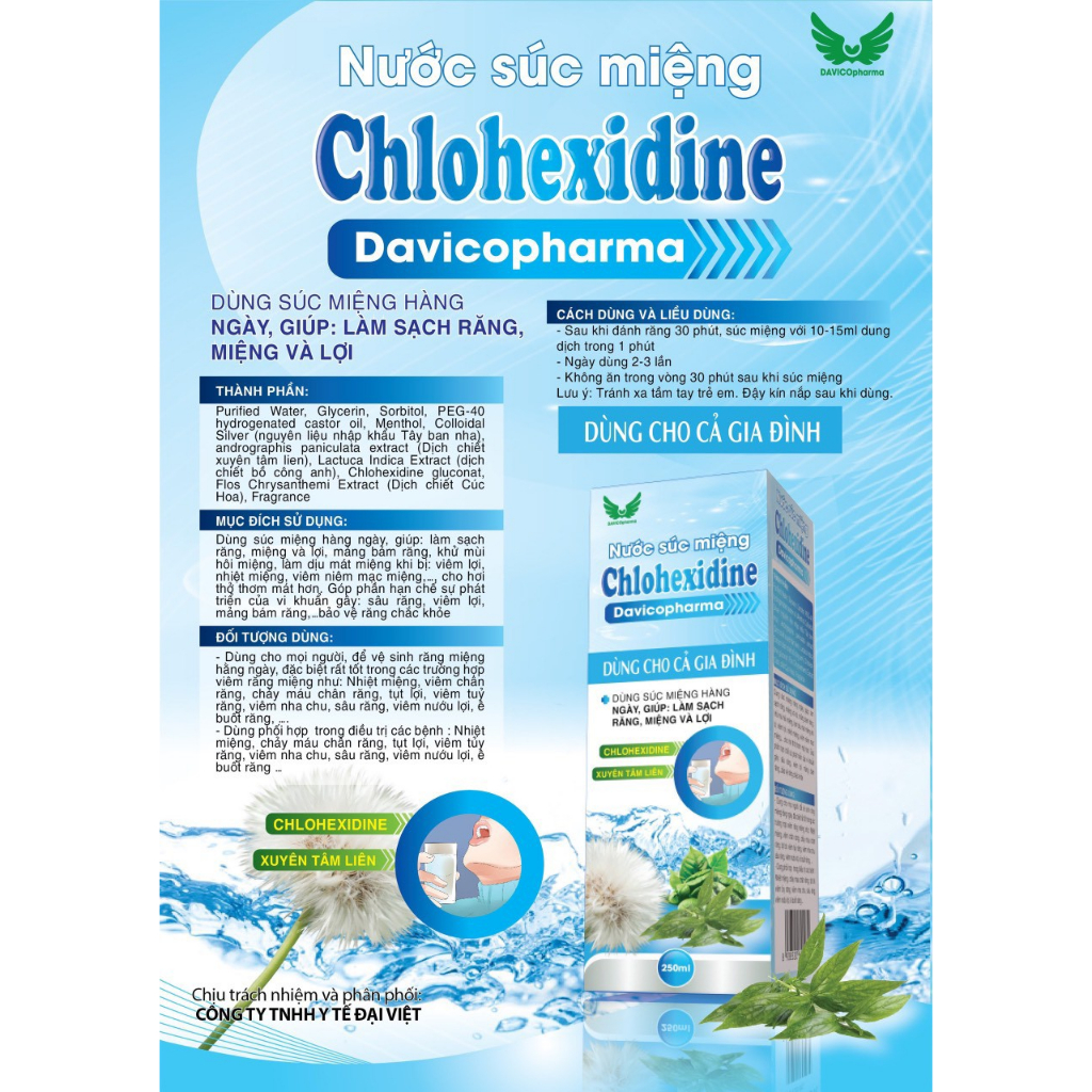 Nước Súc Miệng CHLORHEXIDINE DavicoPharma sát khuẩn răng miệng, giảm nhiệt miệng, viêm nướu, chảy máu chân răng