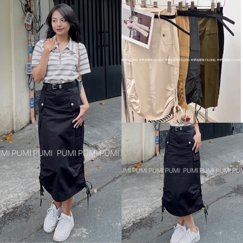 Chân váy dài túi hộp có dây rút bên lưng cài nút có kèm belt 4 màu SML Pumi 14610