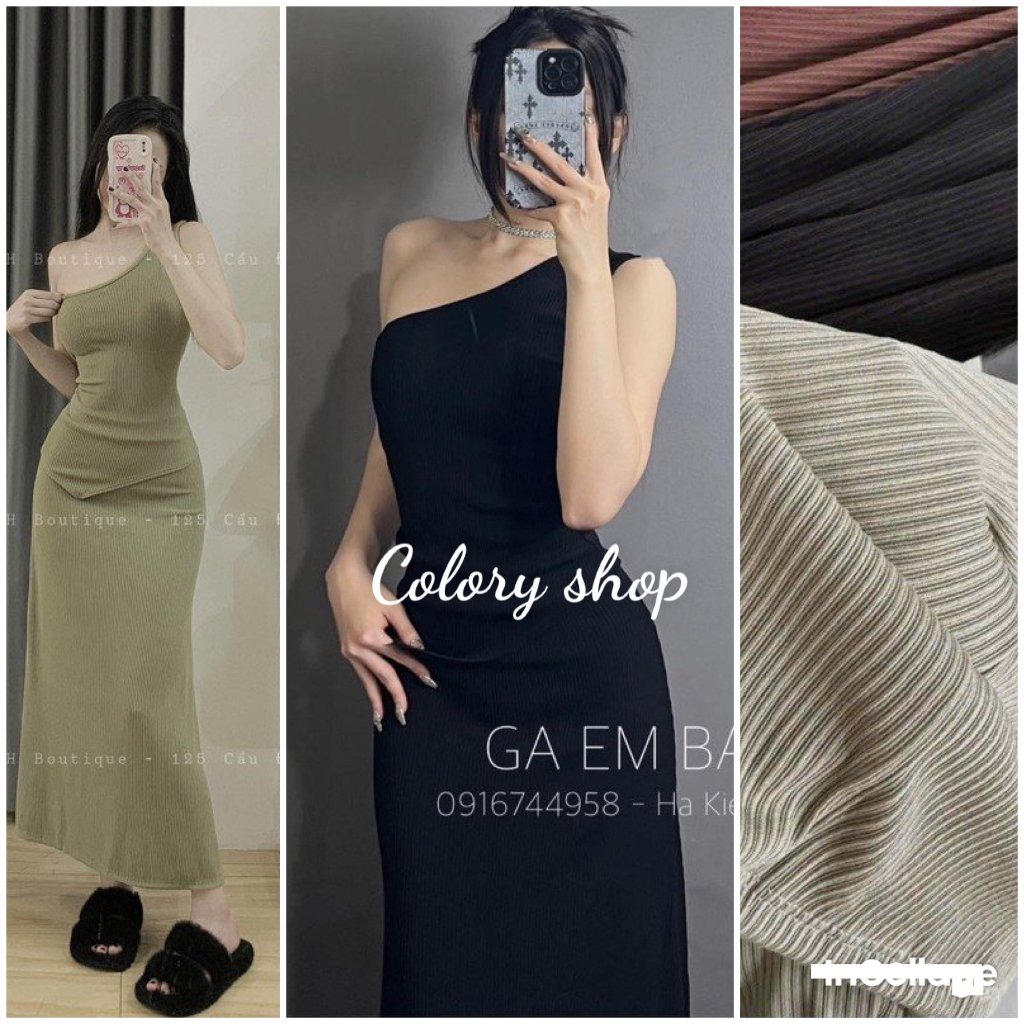 Set Áo Tà Nhọn Lệch Vai Kèm Chân Váy Dáng Dài Vải Gân Trung Dày Dặn - Colory Shop