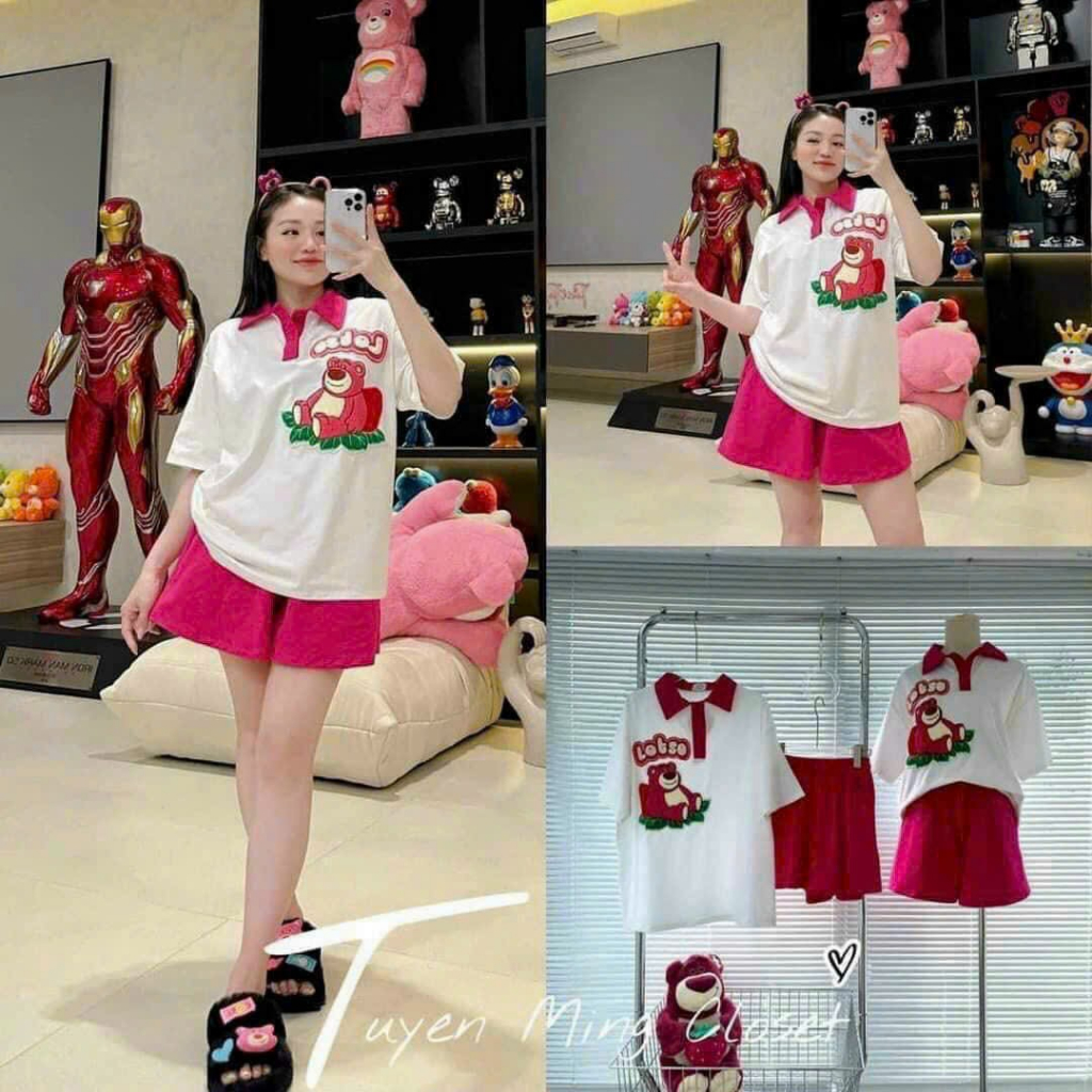 Set bộ thun đùi in gấu dâu dễ thương, set áo thun trắng cổ bẻ in gấu dâu phối đùi hồng mtb