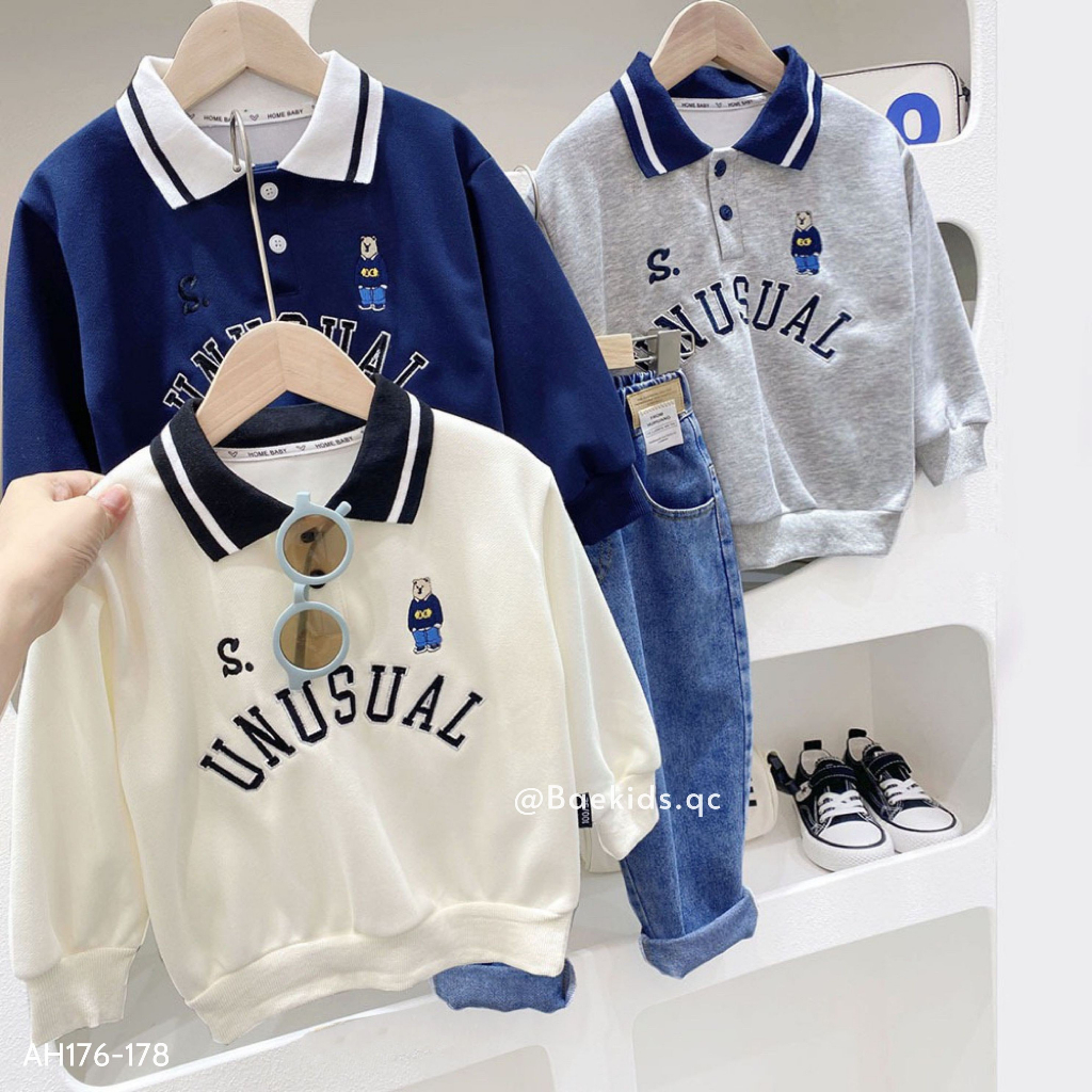 Áo dài tay cho bé trai BAE KIDS 11kg đến 34kg cổ polo họa tiết gấu