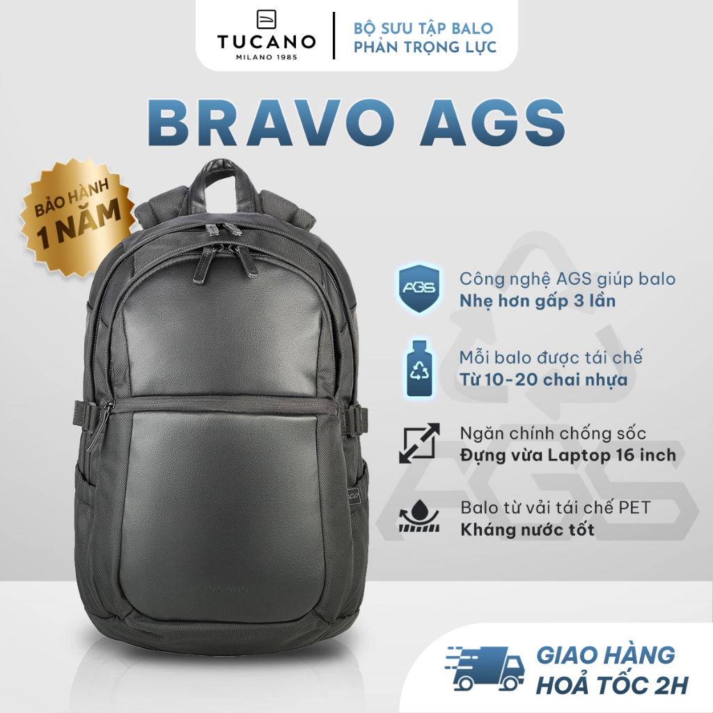 Balo Laptop Tái Chế TUCANO BRAVO AGS ECO  15.6 Inch -  AGS Giảm 75% Trọng Lực, Thiết Kế Chống Sốc, Chống Thấm