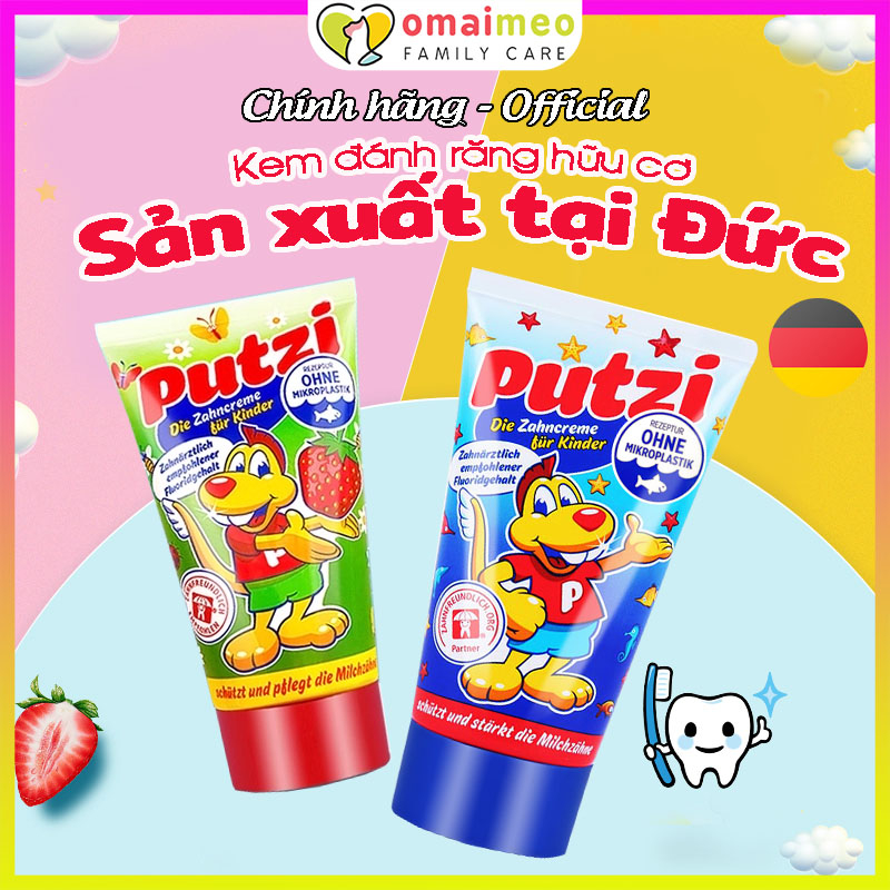 Kem đánh răng trẻ em Đức Putzi hữu cơ tuýp 50ml vị Dâu và Bổ sung Canxi cho răng chắc khỏe chống sâu răng