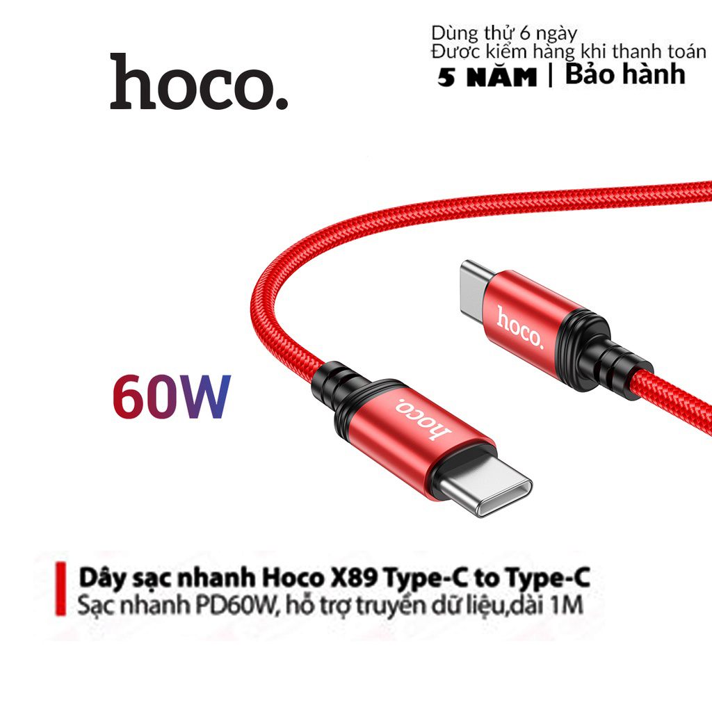 Cáp sạc sạc nhanh Hoco X89 Type-C to Type-C PD60W hỗ trợ truyền dữ liệu, dây bọc dù chống đứt dài 100CM