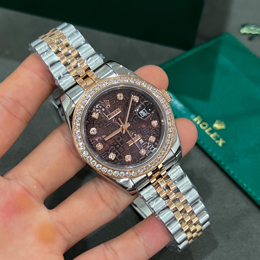 Đồng hồ nam Rolex DateJust 36mm máy cơ Nhật, Viền đá CZ, mặt hoạ tiết vi tính, dây demi gold