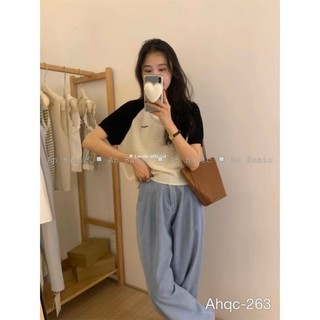 Áo len mỏng mongtoghi phối màu thêu chữ basic