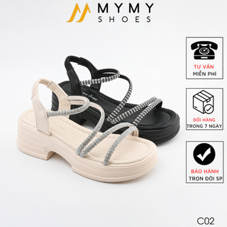 Sandal nữ đế vuông đế cao 5p quai mảnh đá quai chun MyMyShoes C02