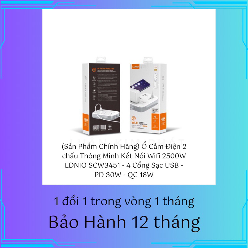 (Sản Phẩm Chính Hãng) Ổ Cắm Điện 2 chấu Thông Minh Kết Nối Wifi 2500W LDNIO SCW3451 - 4 Cổng Sạc USB - PD 30W - QC 18W