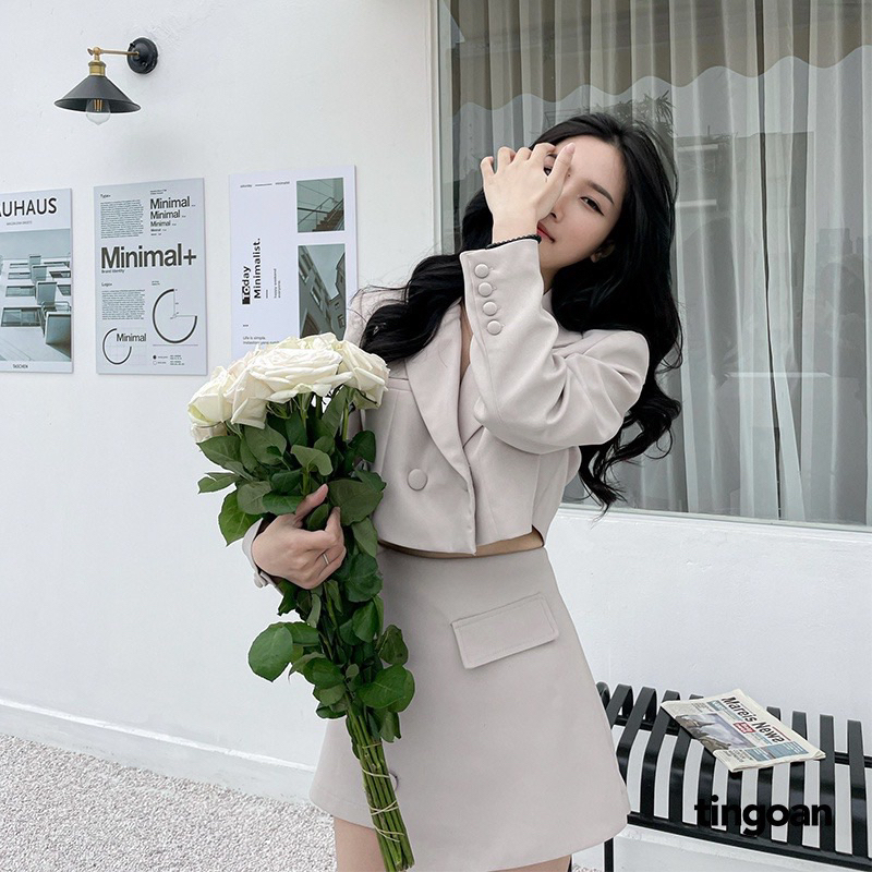 Set Bộ Áo Váy Vest Ngắn Màu Ghi Xám Xinh Đẹp - TINGOAN