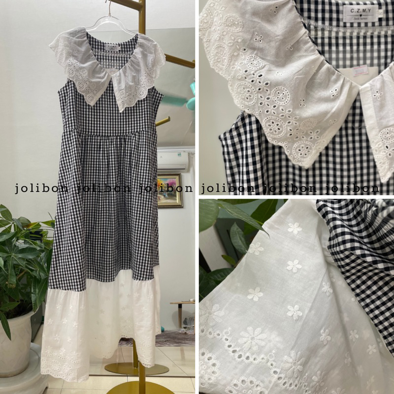 Váy đầm babydoll dáng dài kẻ caro viền ren cổ chữ V ngọt ngào kiểu Pháp