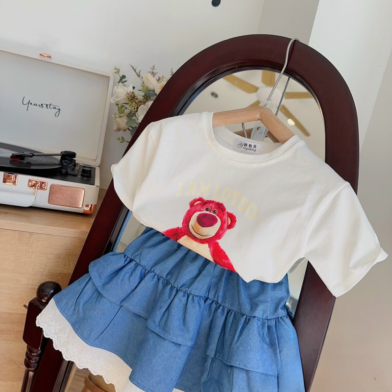 Siêu phẩm chân váy xoè tầng kèm áo Gấu Dâu siêu xinh size 8-32kg