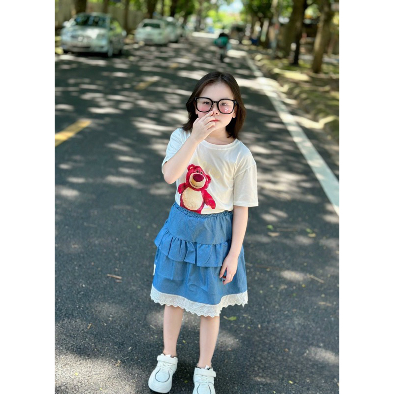 Siêu phẩm chân váy xoè tầng kèm áo Gấu Dâu siêu xinh size 8-32kg