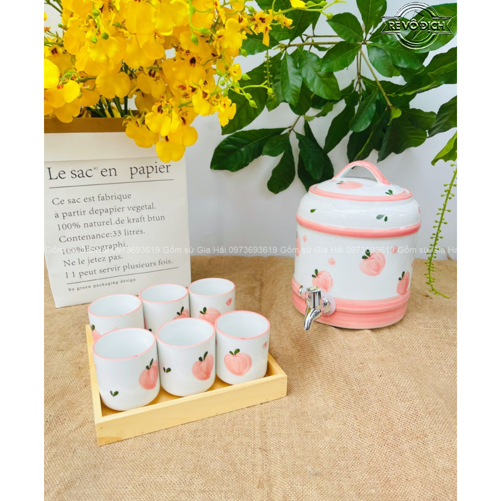 Bình Nước Dáng Trụ, Bộ Bình Đựng Nước Hoạ Tiết Vẽ Tay Đào Hồng Decor Dễ Thương Cốc Uống Nước Sứ Bát Tràng