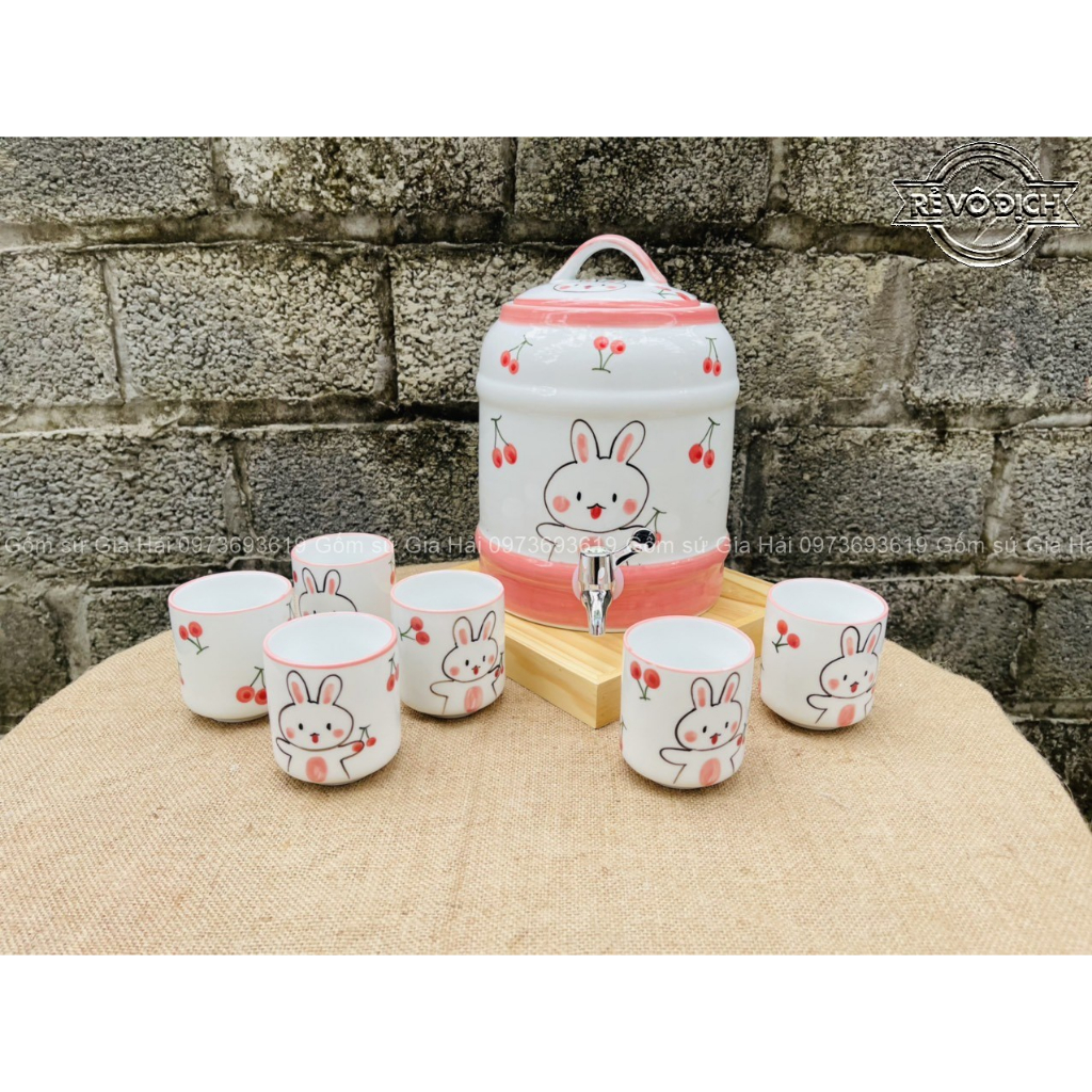 Bình Nước Dáng Trụ, Bộ Bình Đựng Nước Hoạ Tiết Vẽ Tay Thỏ Hồng Decor Dễ Thương Cốc Uống Nước Sứ Bát Tràng