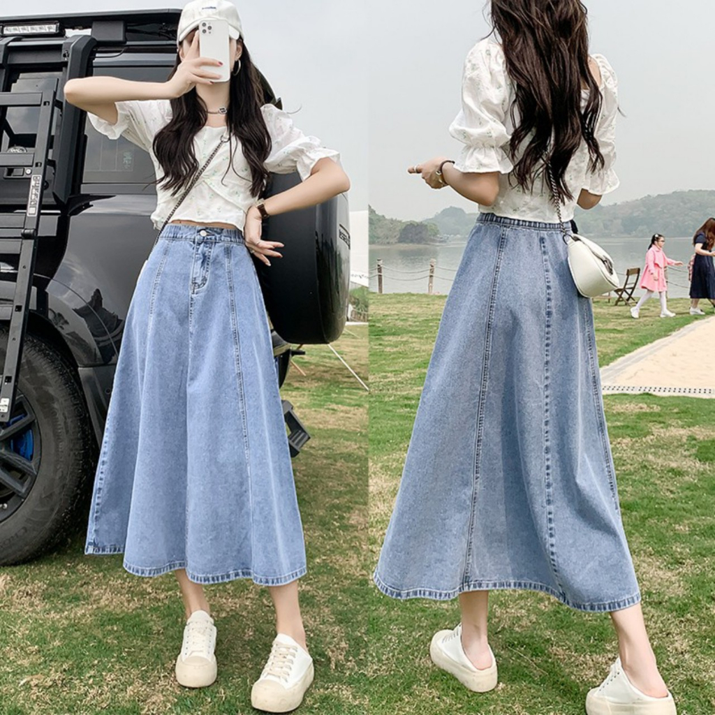 Chân Váy Chữ A Cạp Cao Dáng Dài Bồng Bềnh Chất Jeans Dày Dặn C17 | BigBuy360 - bigbuy360.vn