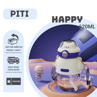 Bình nước cho bé PITI hoạ tiết gấu 620ML bình đựng nước dễ thương có ống hút và dây đeo tặng kèm sticker cute
