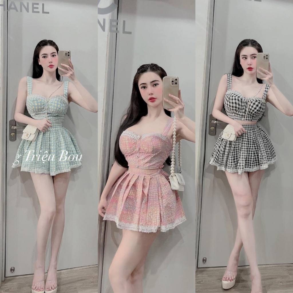 Set váy thời trang nũ,Set váy hai dây cúp ngực caro phối ren mix chân váy xếp ly hàng hotgirl