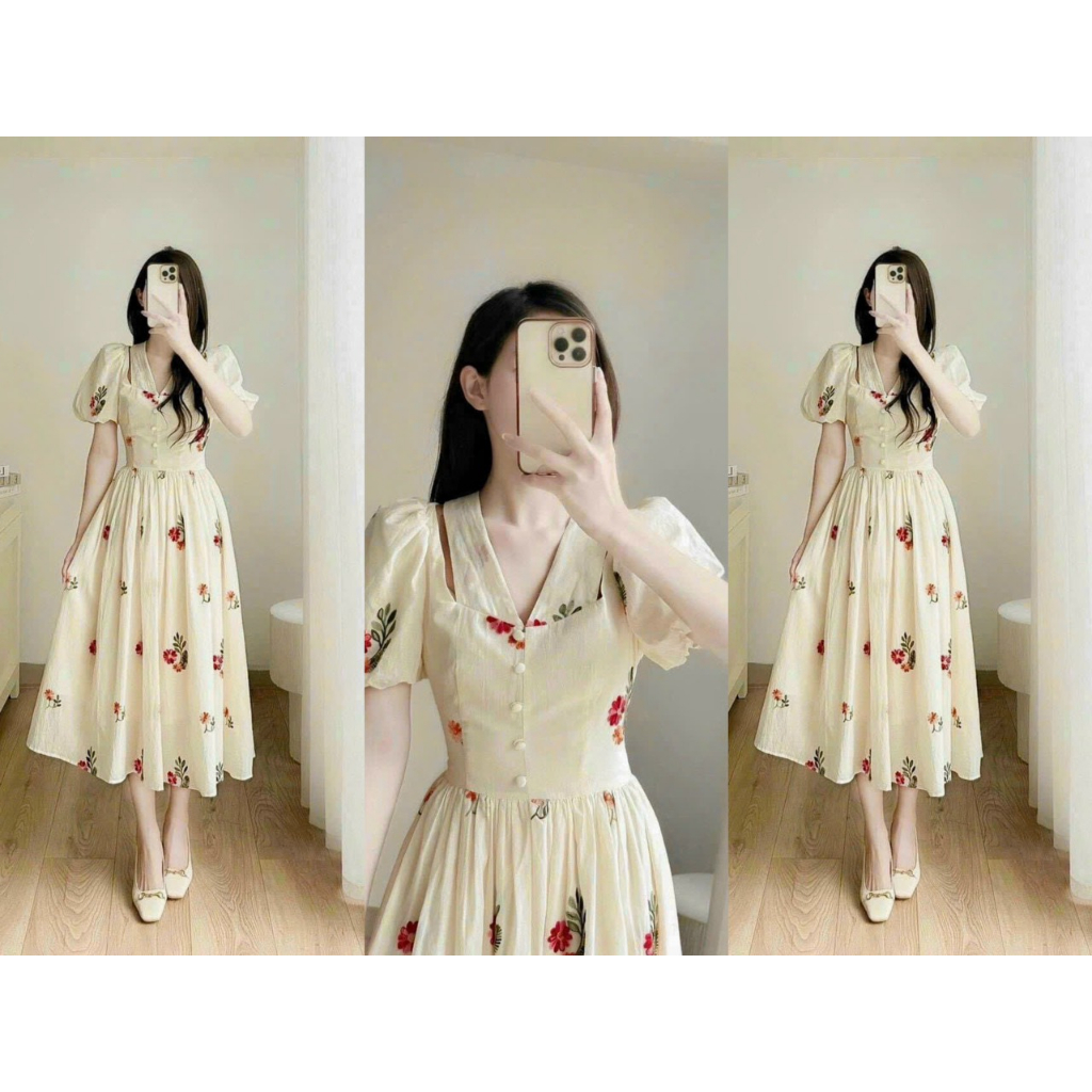 Đầm váy lụa hoa cổ V đính nút tay phồng dáng dài dánh cho nàng bánh bèo phù hợp đi chơi,dự tiệc,dạo phố xinh xắn