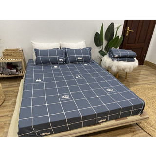 Ga Trải Giường Bọc Đệm M6/M8, Drap Bo Chun Poly Cotton Mẫu Kẻ Râu Ghi Sáng - Kèm 2 Vỏ Gối