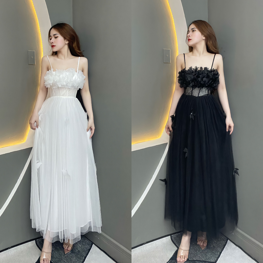 Đầm Thiết Kế THANH TỰ Thiết Kế Cúp Họa Tiết Hoa Dáng Dài Đính - V989