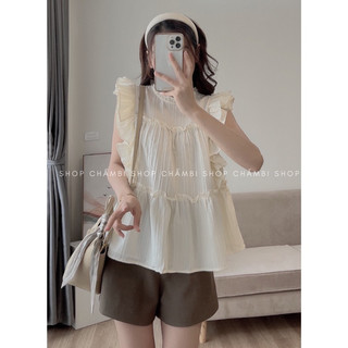 Hv - áo sơ mi bèo cổ trụ đũi gân babydoll chất thô đẹp quảng châu