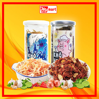 Combo 2 hũ đồ ăn vặt giá tốt, khô mực hấp dừa 250gr, khô heo cháy tỏi 280gr