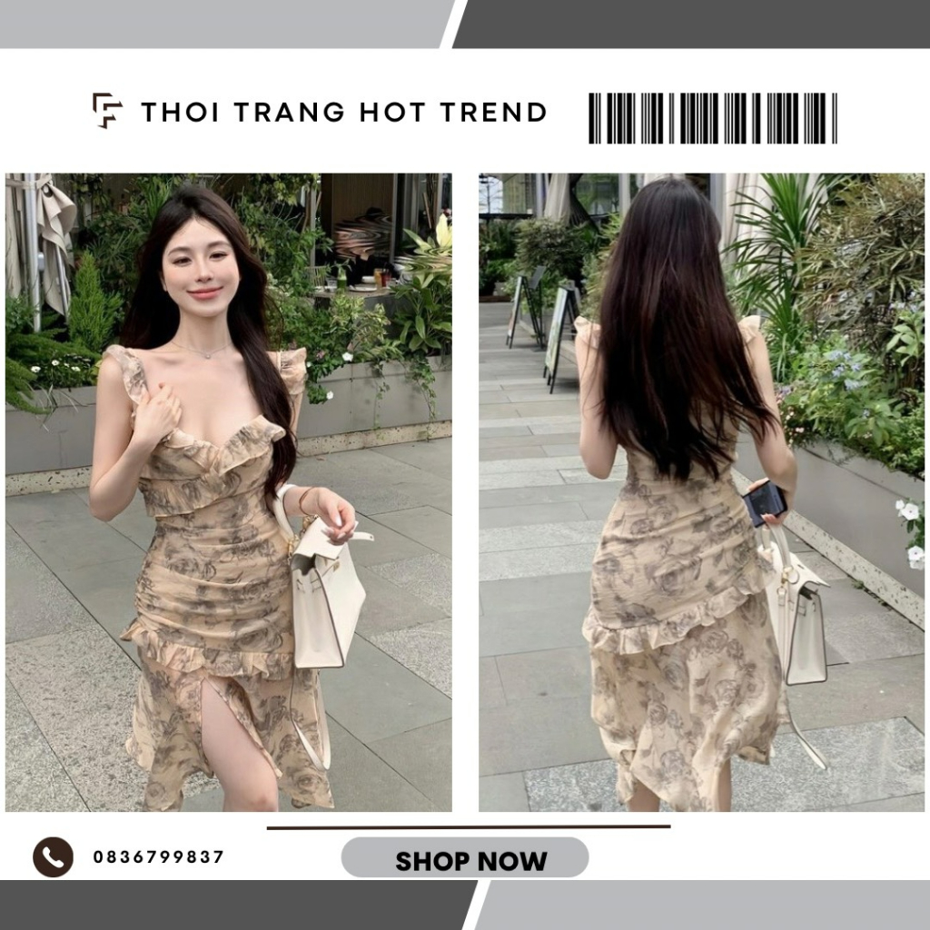Đầm Nữ Hoa Cổ Vuông TH128 Không Tay Phối Bèo Retro Trung Quốc Mới