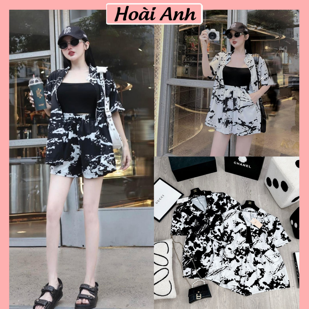 Set Bộ Đồ Nữ 3 Món Áo Vest Loang Ngắn Tay Kèm Áo Quây Mix Quần Sooc Đùi Freesize
