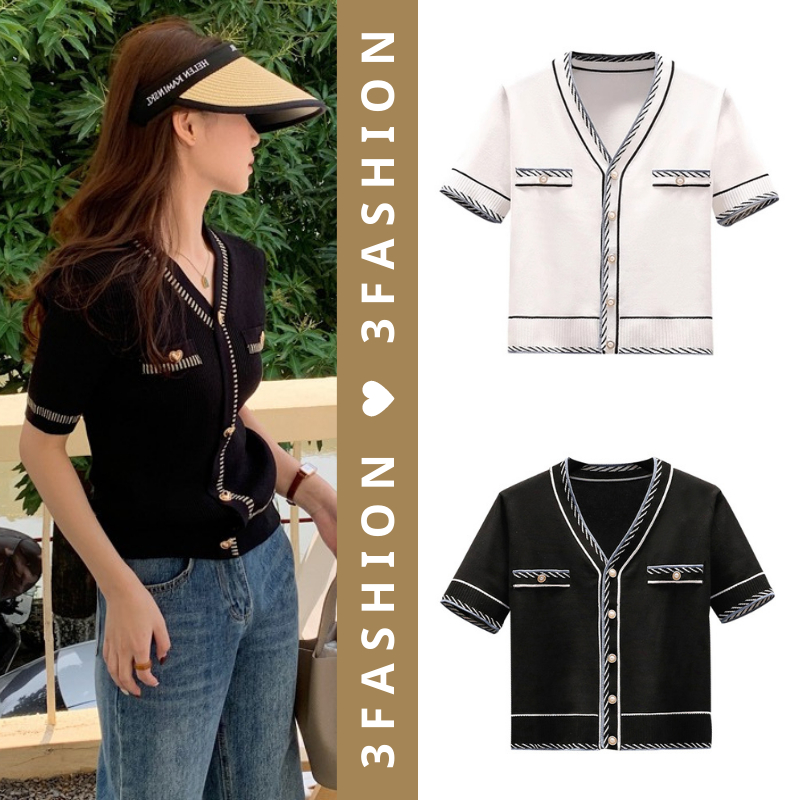 Áo sơ mi nữ dệt kim 3Fashion tay ngắn thiết kế trẻ trung phong cách hàn quốc - A23