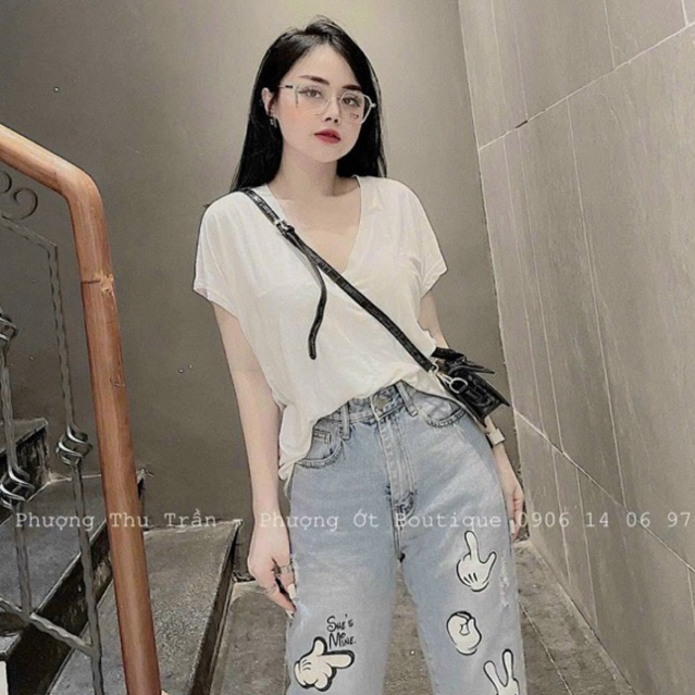 Áo thun cổ tim khoét sâu basic form rộng, Áo kiểu thun dẻo cổ tim AT14 - NhiNhi Shop