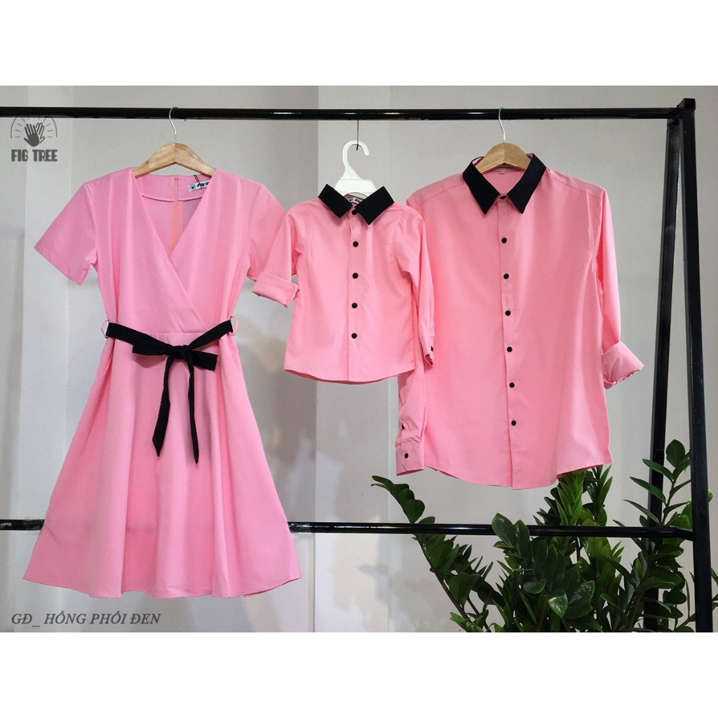 Set Sơ Mi Váy Gia Đình Fig Tree Màu Hồng Phối Siêu Xinh Cho Cả Nhà