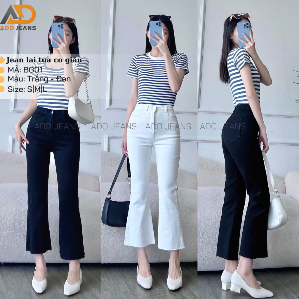 Quần jean nữ ADO JEANS ống loe lưng cao màu Trắng-Đen bò Bass trơn co giãn tốt BG01