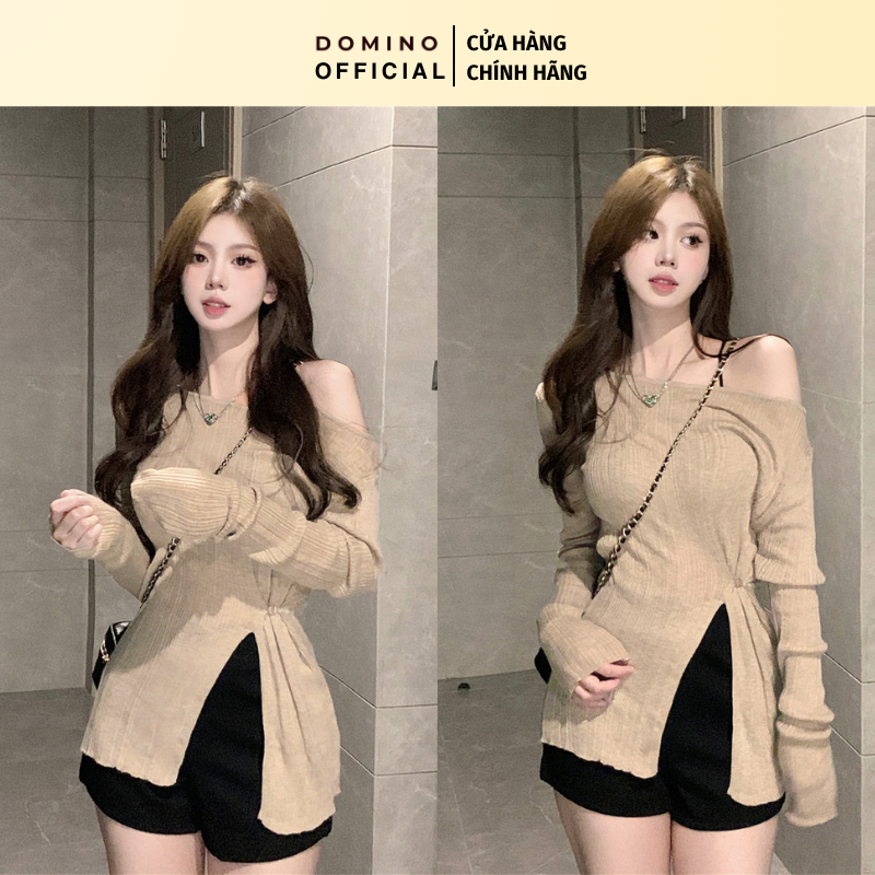 Áo Thun Tay Dài Dệt Kim Domino Phong Cách Sexy Tôn Dáng