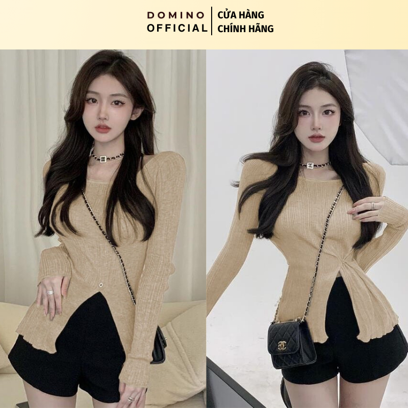 Áo Thun Tay Dài Dệt Kim Domino Phong Cách Sexy Tôn Dáng