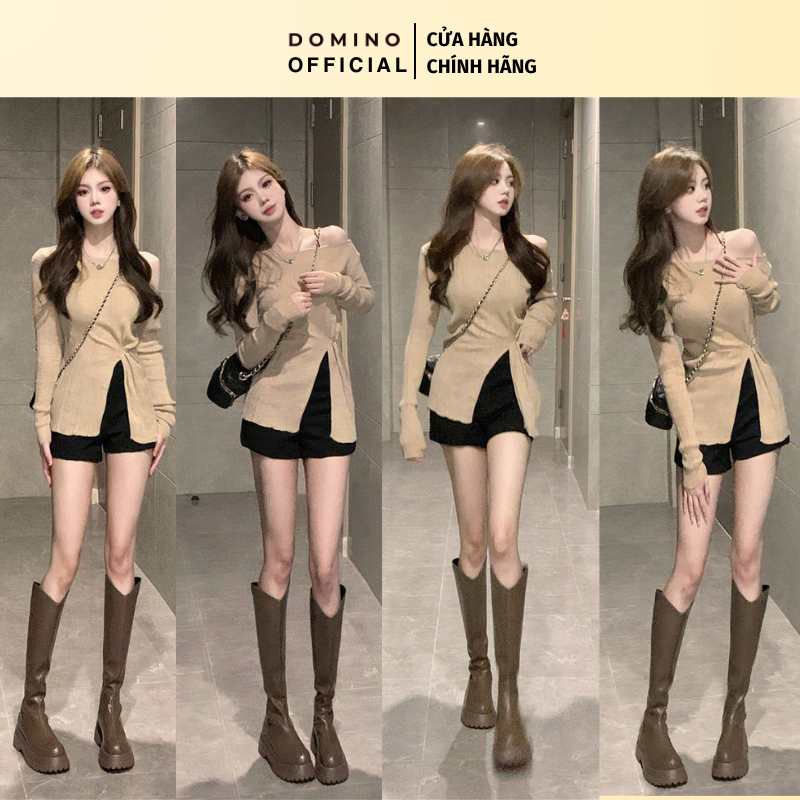 Áo Thun Tay Dài Dệt Kim Domino Phong Cách Sexy Tôn Dáng