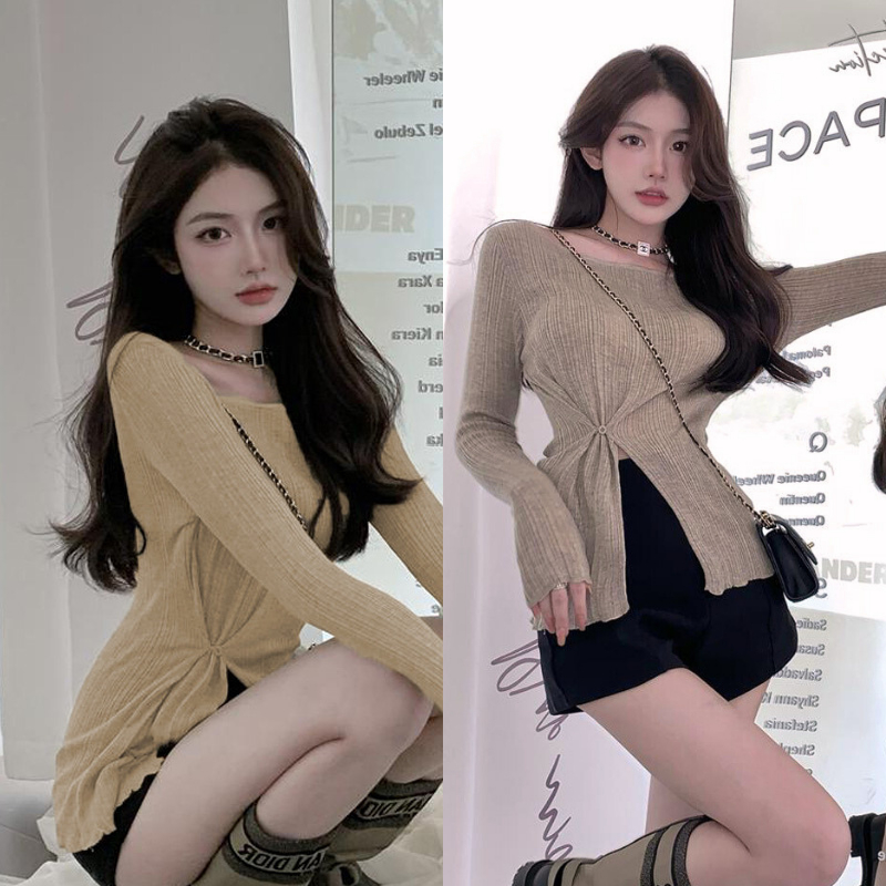 Áo Thun Tay Dài Dệt Kim Domino Phong Cách Sexy Tôn Dáng