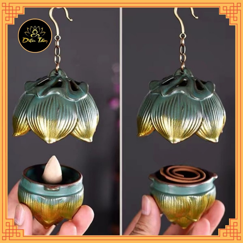 Lư đốt trầm hương,lư gốm treo xông trầm hương khói ngược lư hoa sen treo kệ đèn led, trang trí tiểu cảnh,thác khói,decor