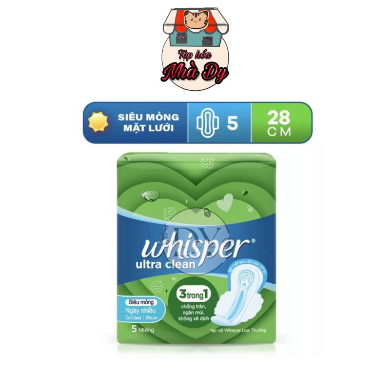Băng vệ sinh Whisper Siêu Mỏng Cánh 5 miếng 28cm Cho Ngày Nhiều & Đêm