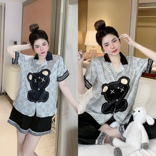 Bộ ngủ lụa xước thiết kế hình gấu
