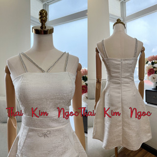 Đầm dự tiệc dây đá đính nơ tafta vân đá