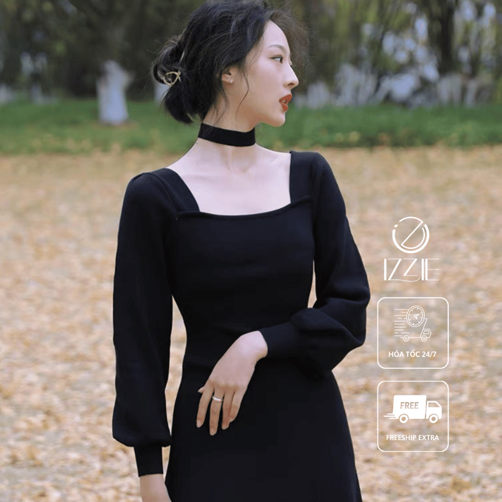 Váy len dáng dài cổ vuông tay bồng V3355 Izzie 2022 , chất len cao cấp thoải mái, size SML