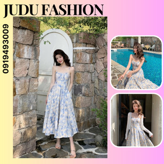 Đầm 2 Dây Hoa Màu Xanh Sơn Dầu Tôn Dáng Đi Biển Mùa Hè Cao Cấp JUDU SHOP