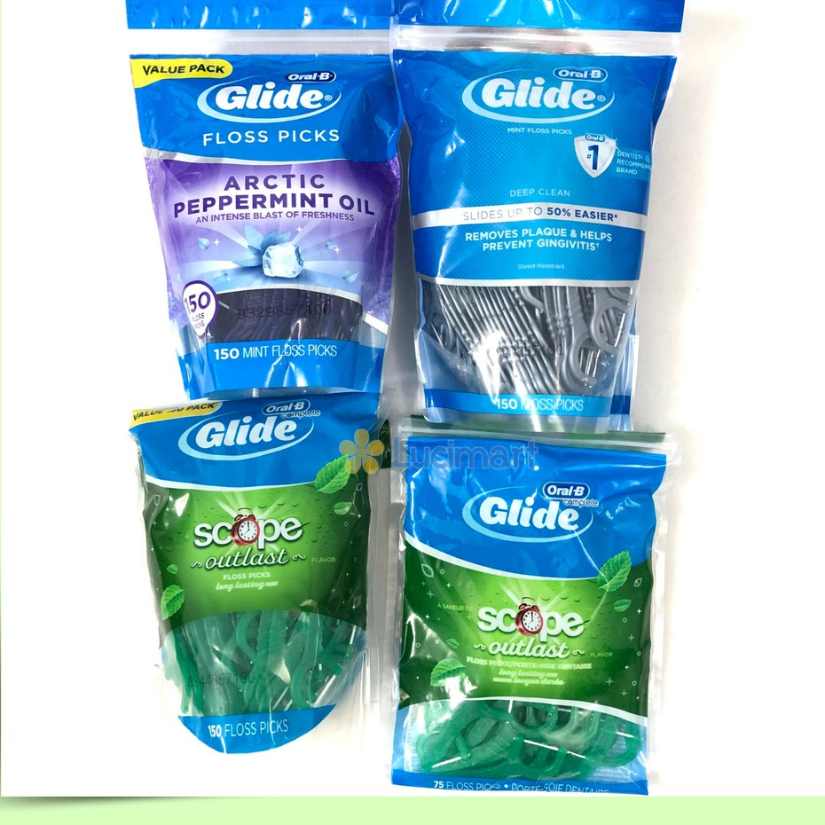 Cung Tăm Chỉ Nha Khoa Oral B Glide SCOPE OUTLAST, ARTIC PEPERMINT OIL 150 Tăm Mỹ - Ngừa Viêm Nướu