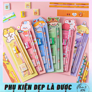 Bộ dụng cụ học tập 5 món dễ thương, bộ bút chì 5 món đồ dùng học sinh cơ bản, thước gôm 2 viết chì 1 và đồ chuốt, học