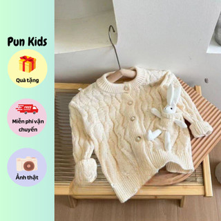 Áo khoác cardigan len thu đông bé gái màu kem túi thỏ đáng yêu cho bé 12-30kg AMĐ06