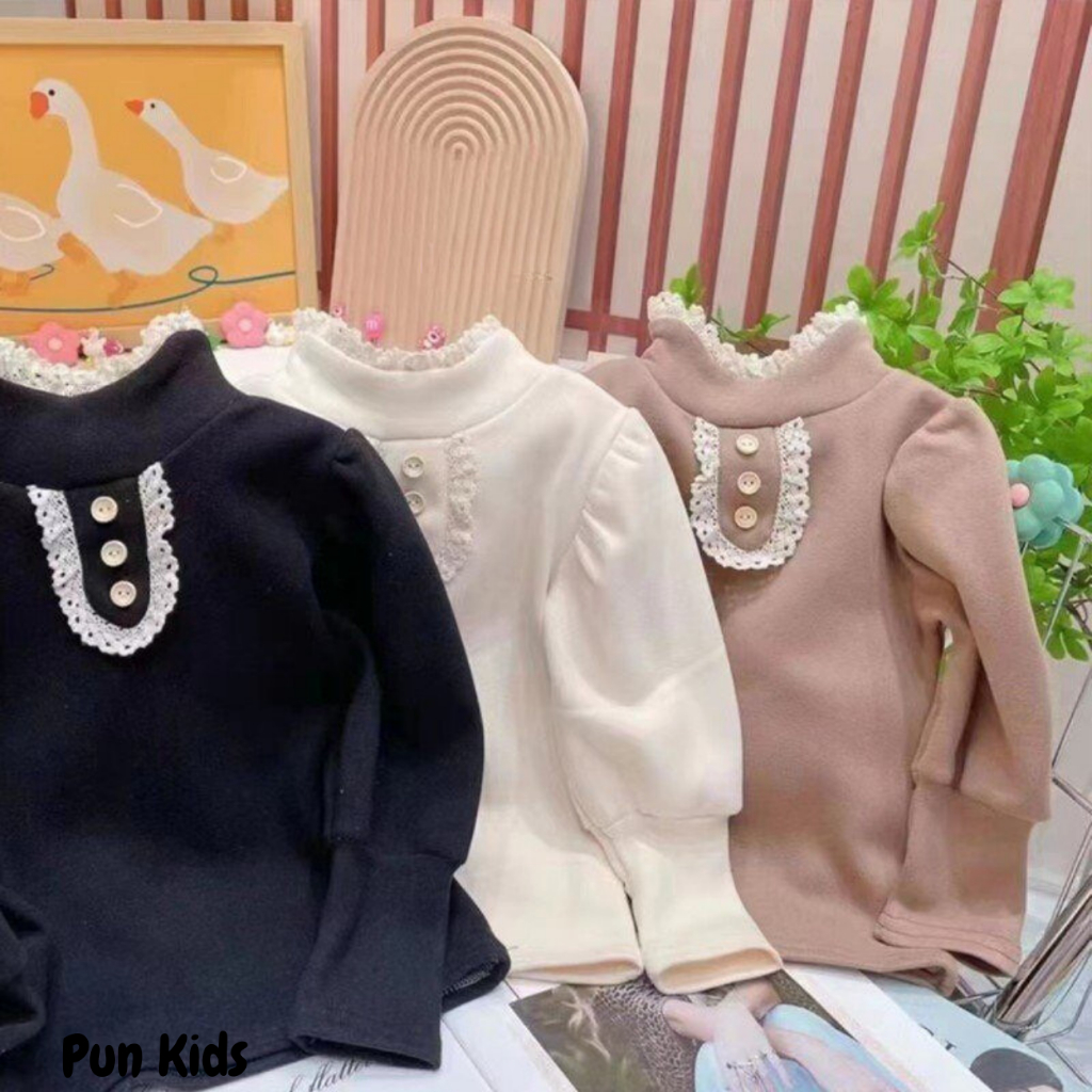 Áo nỉ giữ nhiệt dài tay cổ bèo màu be, nâu cho bé gái 9-27kg
